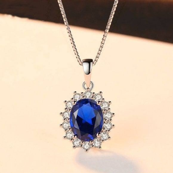 Luxurious Blue Sapphire Princess Diana Inspired Necklace in S925 Sterling Silver - Picture 2 of 5
